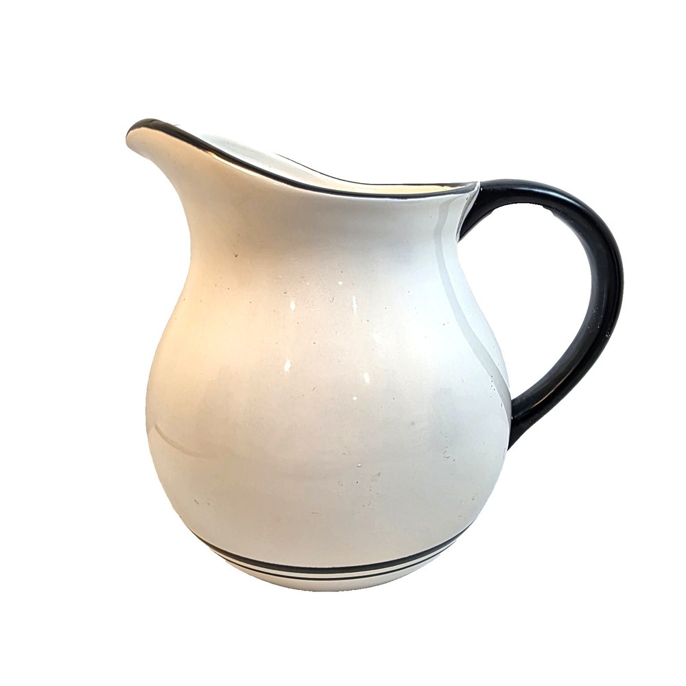 HOME Ceramic‎ Pitcher White with Black Trim Farmhouse Stoneware Water Jug 7.5in